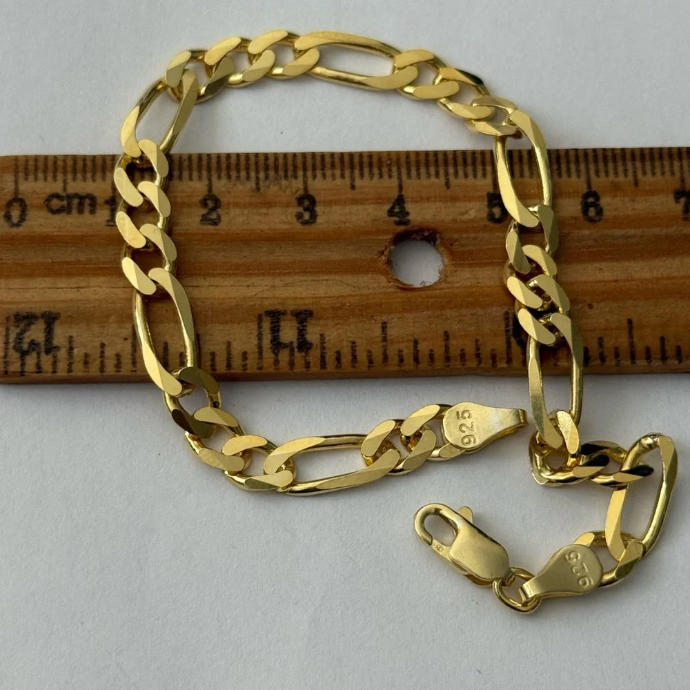 925 Silver 6mm 8” bracelet figaro chain 18k yellow gold plated unisex